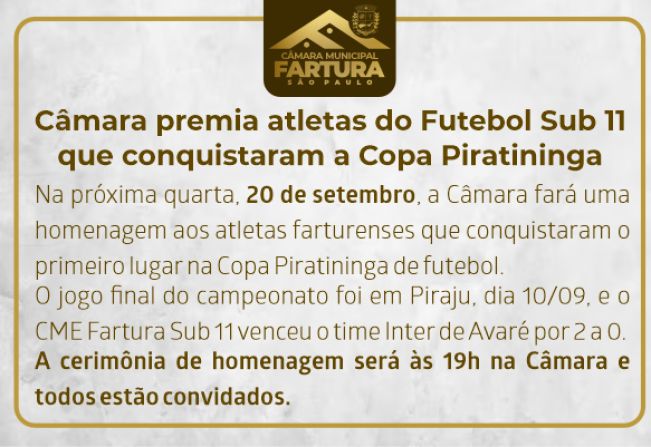 Câmara premia atletas do Futebol Sub 11 que conquistaram a Copa Piratininga