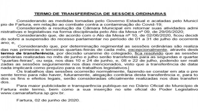 TERMO DE TRANSFERÊNCIA DE SESSÕES ORDINÁRIAS JUNHO 2020