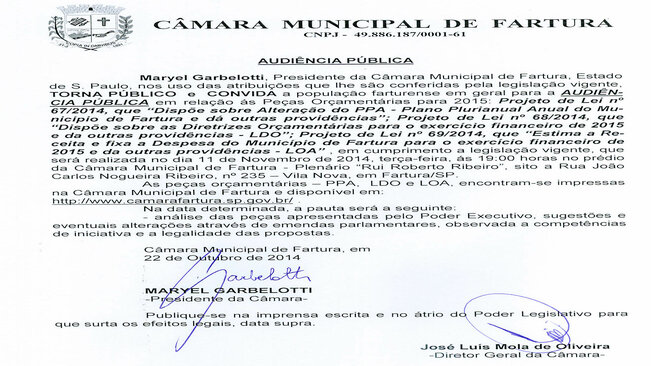 Audiência Pública para discussão do Orçamento 2015 no próximo dia 11/11/2014.